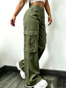 Women's Army Green High Waist Multi-Pocket Cargo Pants, Lightweight Wide Leg Casual Loose Long Pants - Army Green - View 2