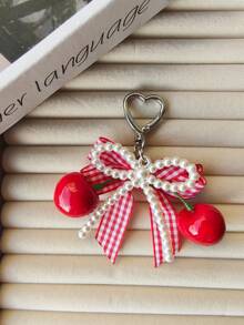 1pc Pearl Bow Resin Cherry Heart Shaped Keychain Key Ring, Fashionable Versatile Gift Choice - Multicolor - View 3