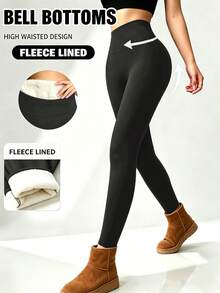 Women's Autumn/Winter Thermal Lined Warm Leggings, Solid Color High Elasticity Sports Pants, Winter Sportswear - Black - View 2
