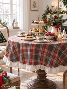 Christmas Plaid Round Tablecloth With Ruffled Edge, Vintage Tartan Table Cover For Holiday Dining Table, Farmhouse Christmas Kitchen & Home Decor - coffee color - View 5