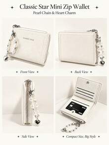  Zip Wallet With Pearl Chain Heart Charm, PU Leather Card Holder Portable Coin Purse For Women, Cute Aesthetic Y2K Purse For Teen Girls - Multicolor - View 4