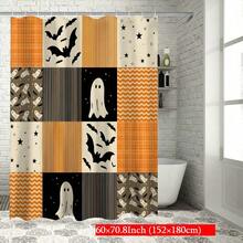 1Pcs Halloween Shower Curtain | Orange Black Pattern, Patchwork Ghosts And Bats Decoration Home Decor Bathroom Decor - A - View 6