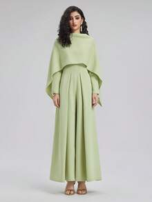 Rich Radi Q's Women's Full-Length Wide-Leg Jumpsuit, Light Green Formal Evening Style, Round Neck Long Sleeve Woven Non-Stretch Fabric, With Cape Design - Green - View 12