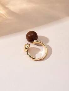 1pc Retro Gold Tone Open Ring, Textured Metal Band With Large Brown Round Bead Statement Adjustable Finger Ring For Women Daily Party Jewelry Gift. - Gold - View 7