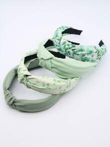 4pcs/Set Women's Green Floral Solid Color Fabric Wide Band Knot Headband, Elegant & Sweet, Suitable For Daily Wear - Green - View 5