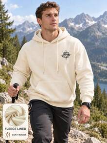 Men's Hooded Sweatshirt, Outdoor Sports Style, Suitable For Daily Wear Or Outdoor Sports, Compass Icon Print On Chest, Thermal Lined For Warmth, Suitable For Autumn And Winter - Apricot - View 1