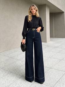 Fashionable Elegant Elegant Women's Dark Denim Straight Leg Pants, Extended Length, White Stitching Design, Minimalist Daily Versatile Style - Dark Wash - View 2