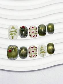 10pcs Vintage Green Cat Eye Christmas Atmosphere Hand-Painted Christmas Tree Plaid Heart Short Round Reusable Fake Nails Nail Art Supplies (1pc Jelly Sticker + 1pc Nail File) - Green - View 1