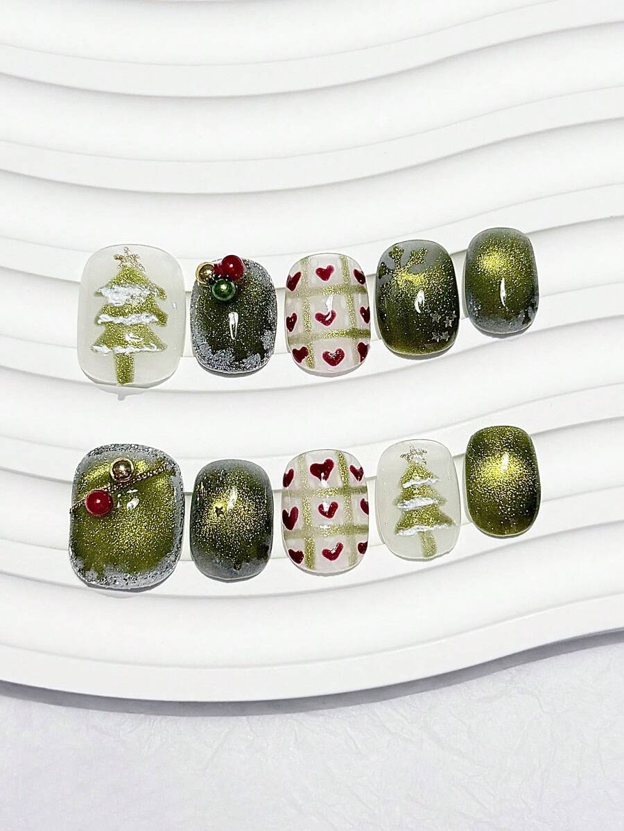 10pcs Vintage Green Cat Eye Christmas Atmosphere Hand-Painted Christmas Tree Plaid Heart Short Round Reusable Fake Nails Nail Art Supplies (1pc Jelly Sticker + 1pc Nail File) - Green - View 1