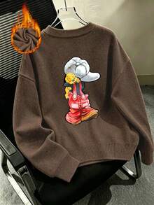 Plus-Size Women's Casual Round Neck Faux Knit Sweater, Cute Cartoon Print, Fashionable And Versatile Women's Top For Autumn And Winter. - Brown - View 7