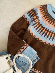 Women's Casual Autumn/Winter Fair Isle Pattern Crew Neck Contrast Color Long Sleeve Loose Knit Pullover - Chocolate Brown - View 5