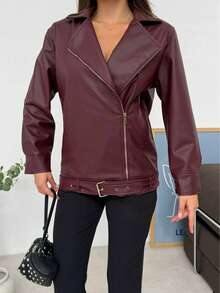 Women's Streetwear Solid Color Leather Short Jacket, Autumn/Winter,Black/Brown/Burgundy Jacket,Winter Jacket For Women - Burgundy - View 3