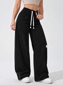 Women Black Ribbed Wide Leg Pants Elastic Drawstring Waist Relaxed Fit Casual Lounge Trousers For Everyday Wear. - Black - View 8