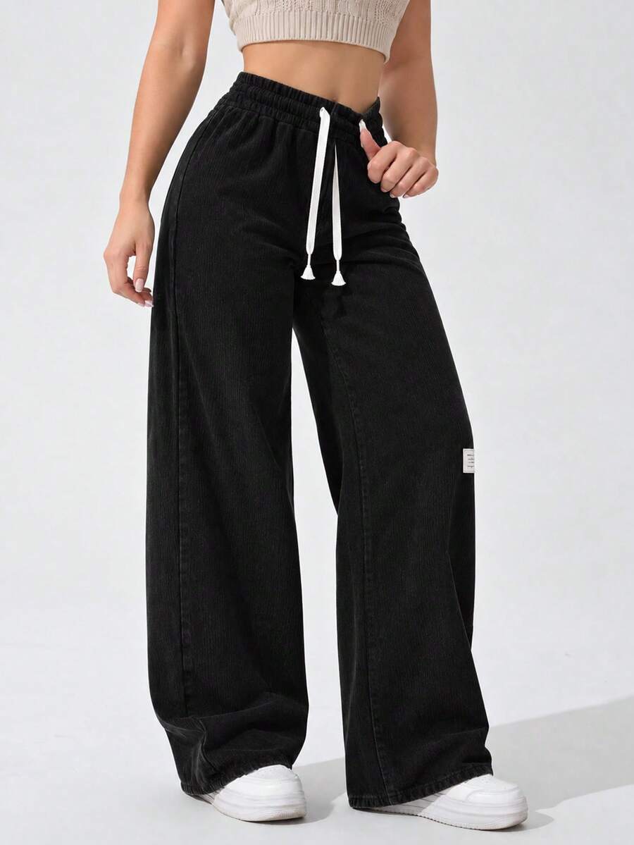 AODSR Women Black Wide Leg Sweatpants Drawstring Elastic High Waist Ribbed Texture Loose Fit Casual Everyday Lounge Pants - Black - View 1