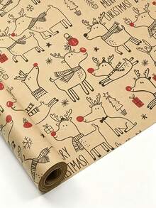 3/1 Sheet Christmas Wrapping Paper, Christmas Gift Box Decorative Wrapping Paper, Floral Wrapping Paper, Suitable For Gift Bags And Packaging, Multi-Color Gift Wrapping Paper, Deer Pattern, Reusable Kraft Paper Christmas Wrapping Paper, Reindeer Pattern - A - View 1