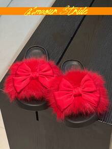 Women's Satin Bow Decor Fluffy Faux Fur Thick Sole Open Toe Slides, Anti-Slip Indoor/Outdoor Slippers - Red - View 2