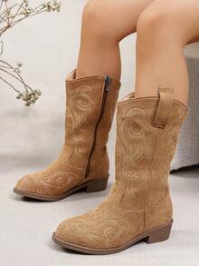Khaki Girls' Western Cowboy Boots With Embroidered Pattern, Side Zipper, Mid-Calf, Chunky Heel, Suitable For Party, Daily Wear, Outdoor - Brown - View 6