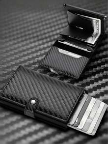 1 Pc/2pcs/Set Carbon Fiber Automatic Pop-Up Card Holder, Ultra-Thin Anti-Theft, Black / Brown, Regular / Genuine Leather / RFID Genuine Leather Style. (Card Holder Is The Main Product, Gift Bag Is An Accessory) - Black - View 12