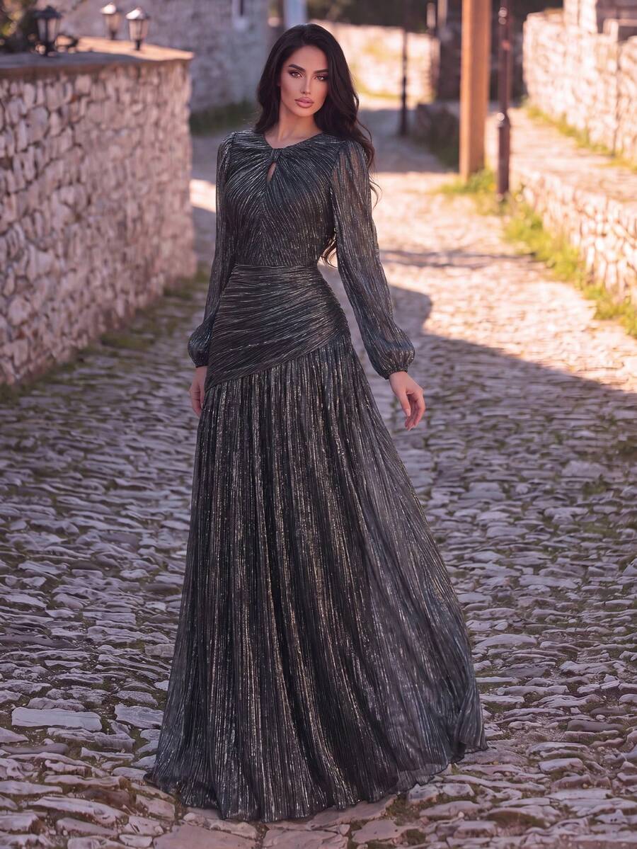 Elegant Round Neck Front Cut-Out Evening Gown, Suitable For Weddings, Balls, Anniversaries And Formal Occasions Party Black Fall - Black - View 1