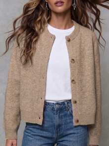 Cardigan Pullover Wanita Kasual Elegan Regular Fit Warna Polos Kancing Tunggal Lengan Panjang Leher Bulat Bahu Jatuh, Cocok untuk Kerja Kantor - Khaki - View 2