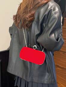 女款晚宴手拿包，長方形純色麂皮手拿包，水鑽環扣，優雅奢華風，適合婚禮派對舞會之夜 - 紅色 - 查看 3