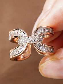 1pc Women's Shiny Geometric Open Ring With Synthetic Zirconia,Elegant Wedding & Party Jewelry,Timeless Year-Round Luxury (No Box) - Rose Gold - View 2