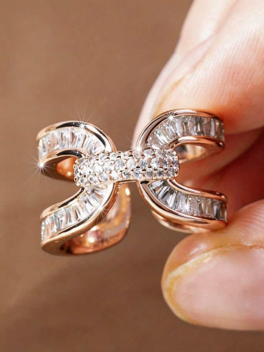 1pc Women's Shiny Geometric Open Ring With Synthetic Zirconia,Elegant Wedding & Party Jewelry,Timeless Year-Round Luxury (No Box)