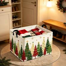 1pc Christmas Tree Print Storage Basket With Handle, Collapsible Rectangular Fabric Storage Bin, Home Decor Organizer For Bedroom Closet - Multicolor - View 4