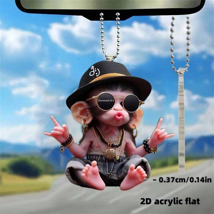 Cute Hip Hop Monkey Car Rearview Mirror Hanging Ornament, 2D Flat Pendant Decoration, Universal For Car, Backpack, Keychain - A - View 1