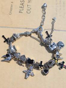 1pc Dark Gothic Style Cross Charm Bracelet, Vintage Heart Cross Bracelet, Angel Bible Cross Bracelet - Silver - View 8
