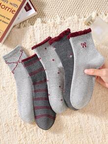 4 Pairs Women's Cute Cartoon Bow, Floral, Striped, Lace Pattern Mid-Calf Socks, Casual Comfortable School Style Student Socks, Fashionable Comfortable Random Colors Suitable For Daily Wear Spring Summer Autumn Winter All Seasons - Multicolor - View 5