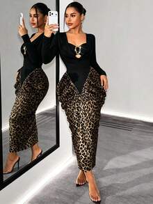 RNU Gaun Pesta Musim Gugur/Dingin Wanita Motif Leopard, Gaun Panjang Lengan Panjang Berkerut dengan Hiasan Gesper Logam dan Kerah V, Gaun Malam Unik Motif Leopard Kasual dengan Rumbai Asimetris - Hitam - View 2
