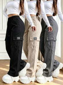 Women's Cargo Long Pants Spring Autumn Large Pockets Casual Sports Pants, Drawstring Waist, Multi-Pocket Design, Suitable For Outdoor Sports And Street Wear - Black - View 1