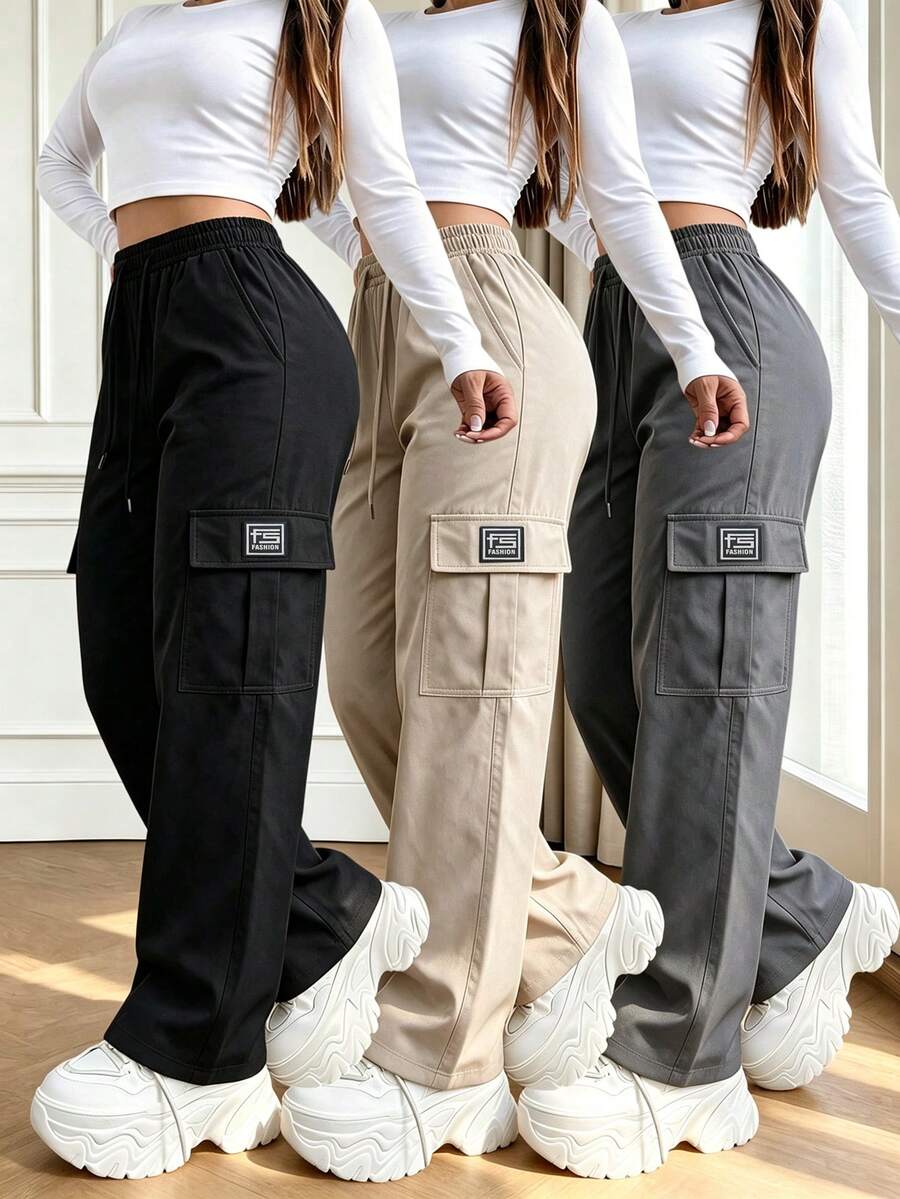 Women's Cargo Long Pants Spring Autumn Large Pockets Casual Sports Pants, Drawstring Waist, Multi-Pocket Design, Suitable For Outdoor Sports And Street Wear - Black - View 1