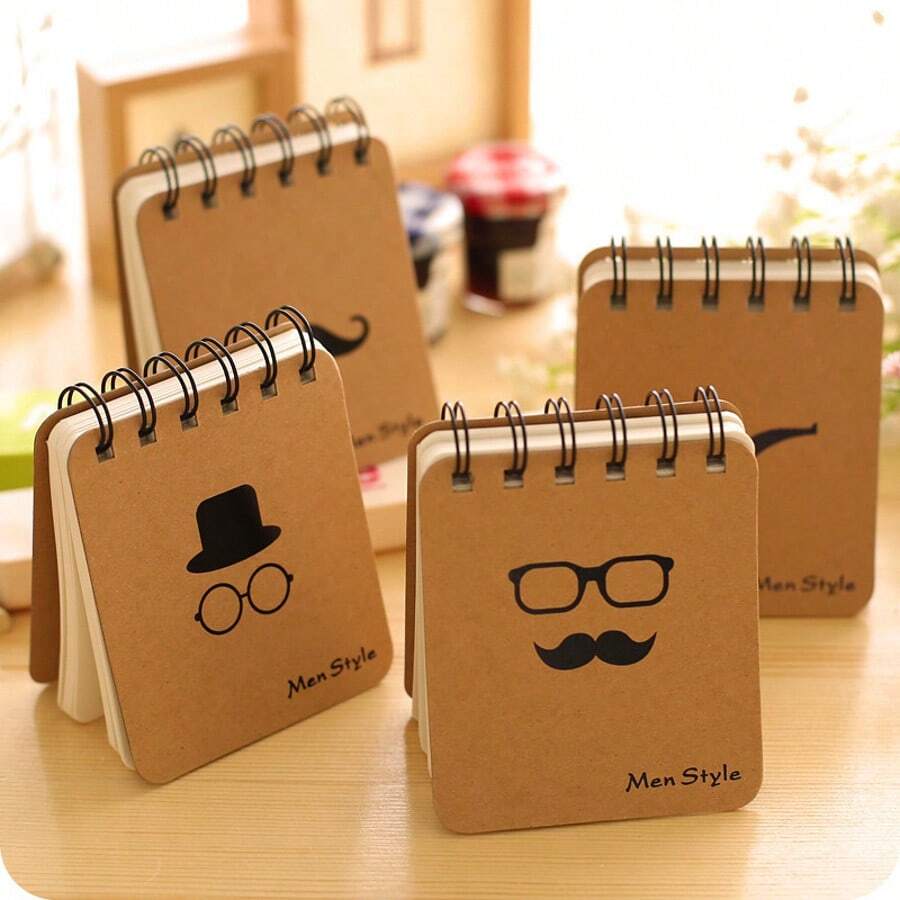 Mini Spiral Notebook, Small Pocket Notepad With Vintage Kraft Paper Cover, Men Style Mustache & Glasses Pattern, Portable Memo Notebook For Office School Daily Notes, 4 Packs > - one-size - View 1