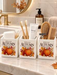 「HELLO AUTUMN」主題迷你牙刷架，迷你長方形牙刷杯，多功能收納整理盒，桌面收納與裝飾容器，可放置牙刷、牙膏、花盆、花瓶、浴室用品，溫馨居家浴室裝飾，秋季裝飾，返校季，秋季感恩節 - 彩色 - 查看 2