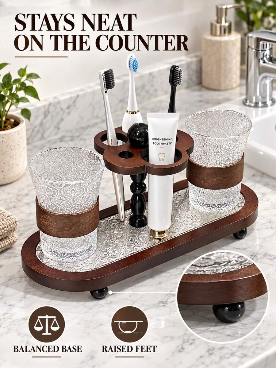1pc Vintage Toothbrush, Toothpaste And Toothbrush Holder With Integrated Mouthwash Cup |, Floor Standing, Includes Toothbrush Holder, Toothpaste Squeezer, Mouthwash Cup, Suitable For Bathroom And Washroom - Multicolor - View 1