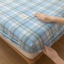 1pc All Cotton Printed Fitted Sheet (Fitted Sheet*1, Pillowcase Not Included) Soft & Comfortable, Washable, Breathable Mattress Protector, Suitable For Hotel, Bedroom, Guest Room, School, All Seasons Bedding - Baby Blue - View 3