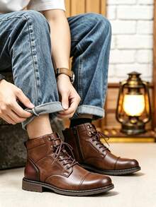 Men's Retro Brown Boots, British Style High-Top Lace-Up Work Boots, Wear-Resistant Non-Slip Business Casual Leather Boots - Brown - View 2