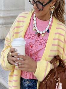 Women's Plus Size Striped Dropped Shoulder V-Neck Cardigan, Long Sleeve Ribbed Knit Button Front Sweater, Autumn/Winter Casual Preppy Style - Yellow - View 1
