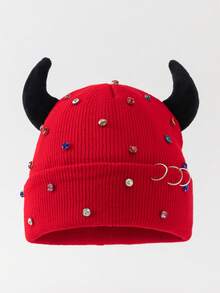 1pc Men's Fashion Solid Color Devil Horn Rhinestone Metal Ring Beanie Knit Hat, Warm For Autumn/Winter, Suitable For Daily Wear And Outfits - A - View 5