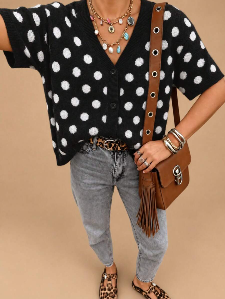 Women's Pullover Short Sleeve Button-Front V-Neck Polka Dot Pattern Fashion Casual Cardigan, Elegant Formal, Suitable For Work, Outings, Holidays, All Seasons - Multicolor - View 1