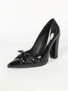 Sepatu Hak Tinggi Wanita Hitam Ujung Lancip dengan Hak Tebal, Desain Pita Berkerut, Potongan Rendah, Sepatu Elegan Serbaguna untuk Sehari-hari, Perjalanan, dan Pesta. - Hitam - View 2
