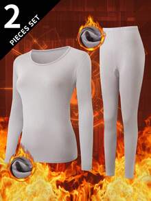 2pcs/Set Pakaian Dalam Termal Wanita, Atasan Leher Bulat + Celana, Lapisan Dasar Termal Musim Dingin Atasan dan Legging - Light Grey - View 1