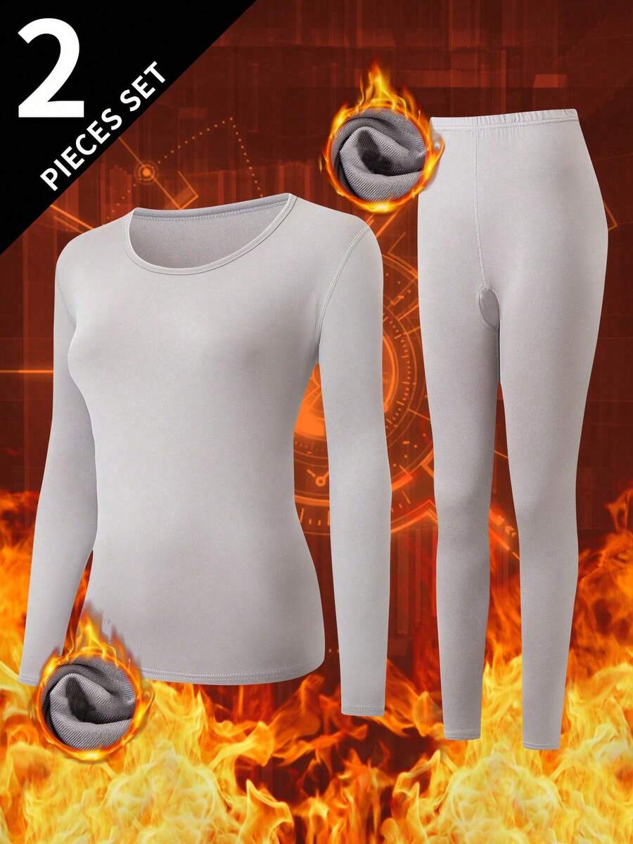 2pcs/Set Pakaian Dalam Termal Wanita, Atasan Leher Bulat + Celana, Lapisan Dasar Termal Musim Dingin Atasan dan Legging - Light Grey - View 1