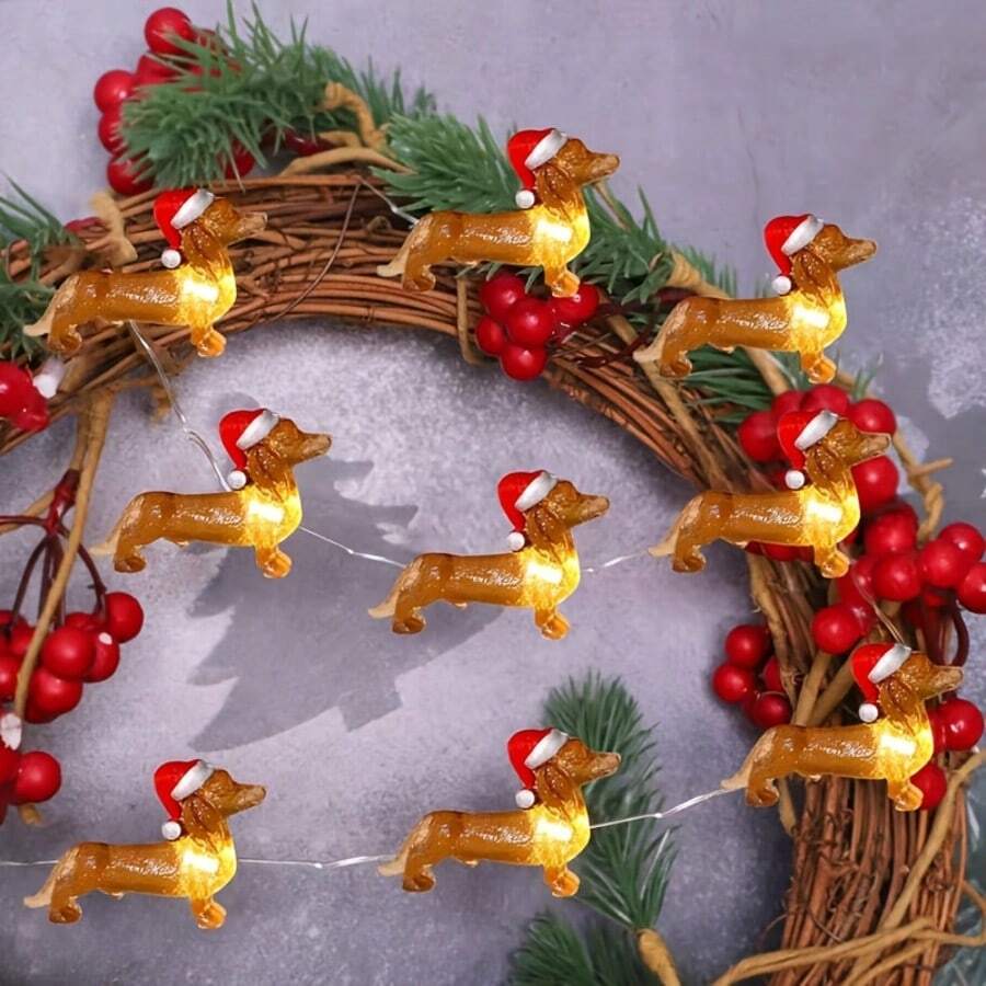 20/30LED Battery Operated Burgundy Dachshund LED Copper Wire String Lights, Warm White Cute Dog Fairy Lights, Christmas Indoor Decor For Xmas Tree, Fireplace, Bedroom & Window - Dachshund String Lights - View 1