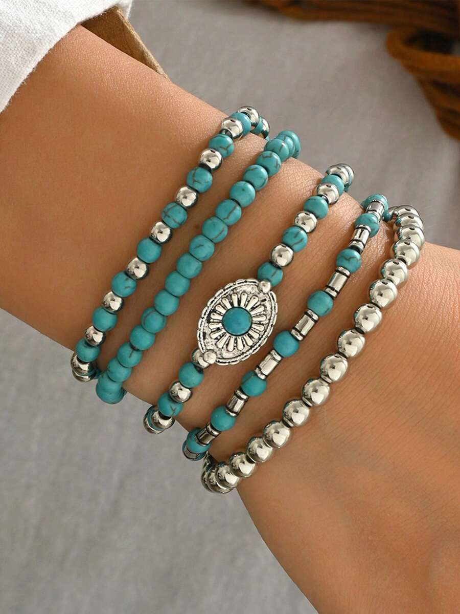 5pcs/Set Cowgirl Style Vintage Turquoise Floral Beaded Bracelet Set, Suitable For Women Or Men Daily Wear - Multicolor - View 1