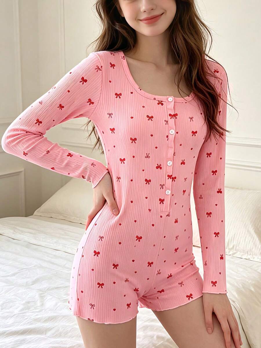 Girl Cute Bow Print Ribbed Pajama, Square Neck Long Sleeve Button Front Romper Sleepwear, Soft Stretchy Loungewear For Home Nightwear Teenager - Pink - View 1