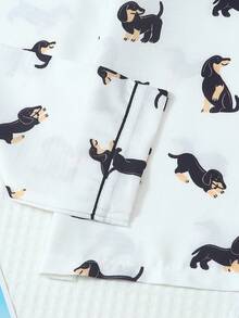 2pcs Black & Brown Dachshund Print Pajama Set, Sweet & Cute Lapel Button Long Sleeve Top And Pants, Women's Sleepwear And Loungewear For Home Use - White - View 8