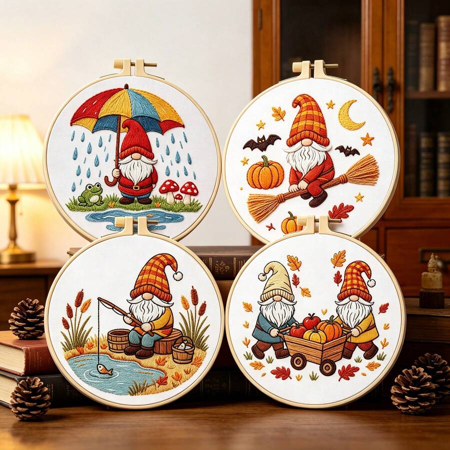 4-Piece Autumn Gnome Embroidery Full Material Kit, Beginner Zero-Base DIY Handmade Embroidery Hoop Set, Halloween Pumpkin & Maple Leaf Pattern, Handmade Wall Decor Hanging Ornament, Creative Handmade Gift